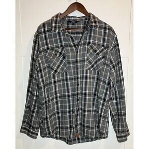 Simply Southern Mens Large Long Sleeve Gray‎ Plaid Flannel Button Down Grunge